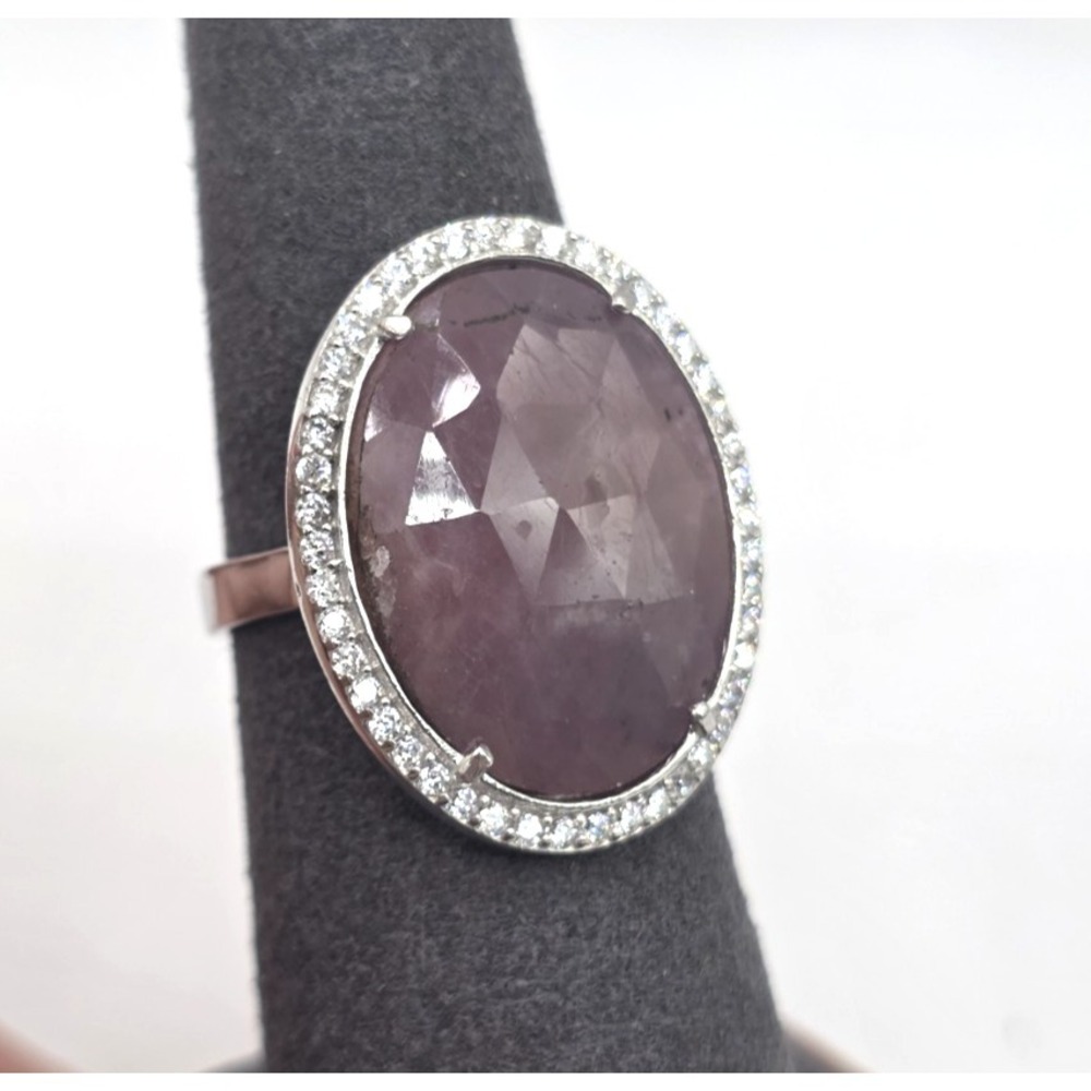 Pink Rose Quartz Ring Size 7 Oval Faceted CZ Border Sterling Silver Handmade